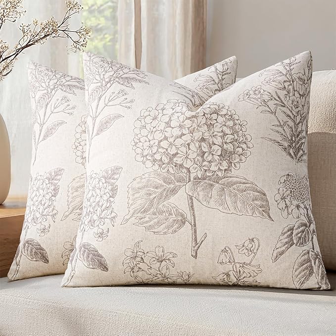 Set of 2 Decorative Floral Neutral Pillow Covers 20x20 Inch Light Camel Hydrangea Print Spring Boho Vintage Throw Cushion Covers for Sofa Couch Porch Bedroom Living Room Summer Home Decor