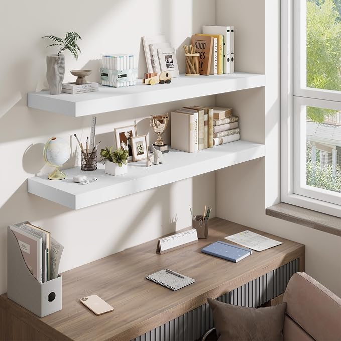 Fun Memories 48 Inch Floating Shelves for Wall - 12 Inch Deep Fireplace Mantel Shelf - Wood Floating Shelf for Wall - Large Storage Shelves Wall Mount for Living Room & Bedroom - White - Set of 1