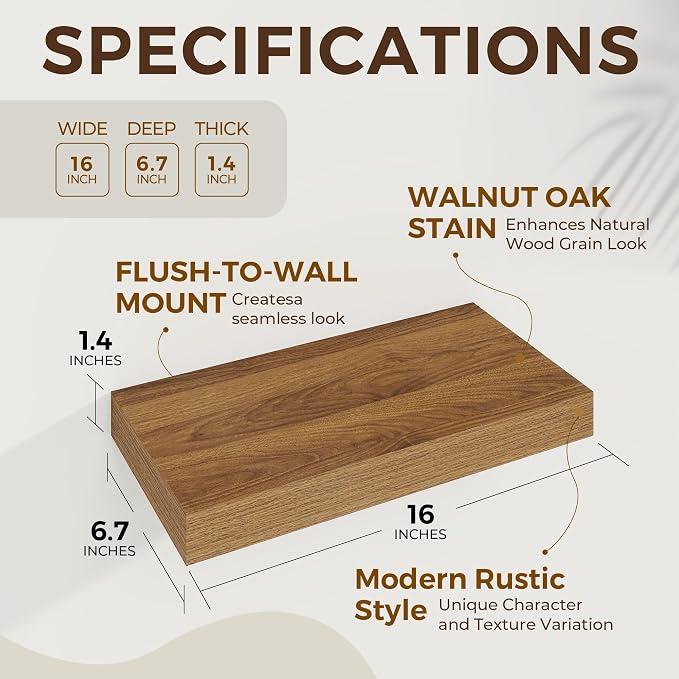 Dreamland 16" Walnut Floating Shelves 6.7" Deep Wall Mounted Set of 2 | Wall shelves for bathroom, bedroom, Living Room, kitchen, deep wall mount wood storage display for home decor 16" x 6.7"