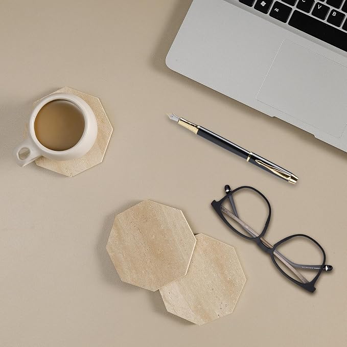 Octagonal Travertine Coasters Set of 6 with Holder, Farmhouse Rustic Neutral Stone Coaster for Home Table Decor, Porous Natural Travertine Absorbent Drink Coasters, Velvet Backed