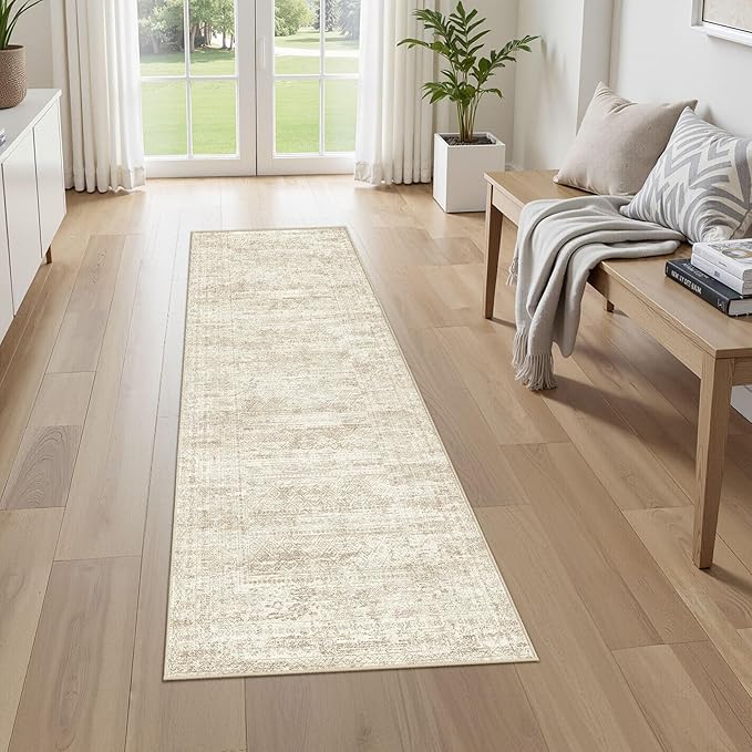 UERMEI 3X8 Washable Runner Rug for Hallway: Soft Neutral Modern Abstract Area Rug - Non-Slip Low Pile Long Throw Indoor Carpet for Kitchen Entryway Kitchen Bedroom Laundry Bathroom - Beige/Brown