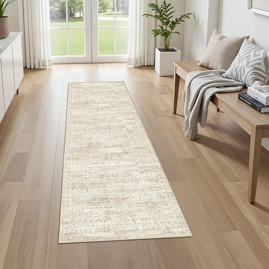 UERMEI 3X8 Washable Runner Rug for Hallway: Soft Neutral Modern Abstract Area Rug - Non-Slip Low Pile Long Throw Indoor Carpet for Kitchen Entryway Kitchen Bedroom Laundry Bathroom - Beige/Brown