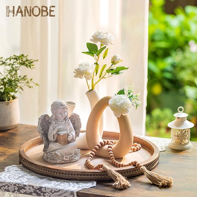 Hanobe Large Round Decorative Tray: Farmhouse Neutral Coffee Table Decor Wood Beaded Trays Vintage Ottoman for Home Counter Living Room