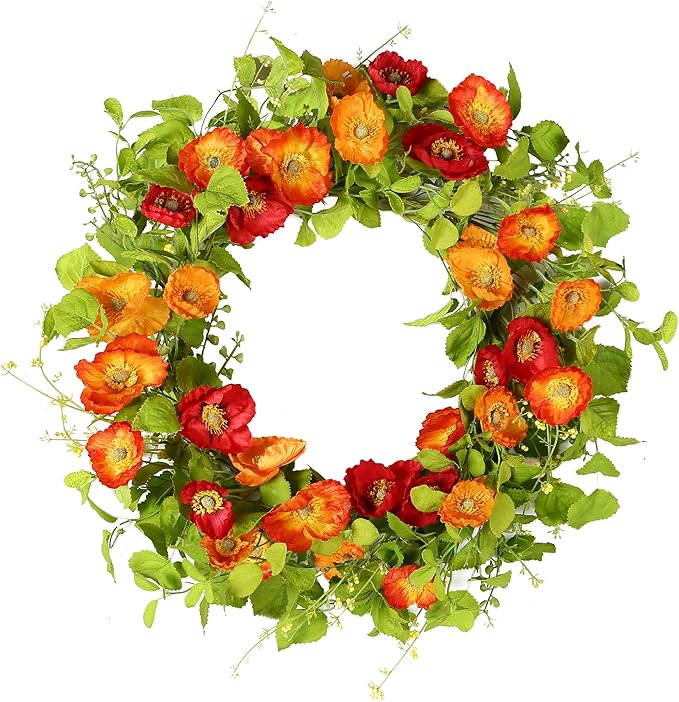 YNYLCHMX 18" Spring Summer Wreaths for Front Door, Artificial Floral Wreath with Poppy Flowers Green Tea Leaves, Green Foliage Wreath for Wall Window Farmhouse Party Holiday Home Decor