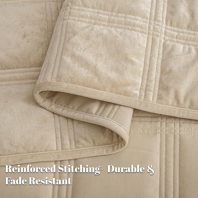 PHF Ultra Soft Velvet Quilt Set King Size – 3PCS Luxurious Cozy Quilted Comforter Alternative with Diamond Pattern, Warm Quilted Bedspread Coverlet, 108" x 92", Oxford Tan