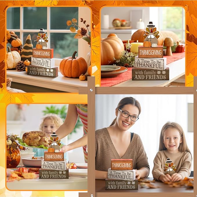 Lineshading 4 Pcs Thanksgiving Decoration for Home Wooden Turkey Decor Thanksgiving Table Centerpiece Fall Tiered Tray Decor Rustic Decorative Turkey Block Signs Gift for Home Kitchen Shelf