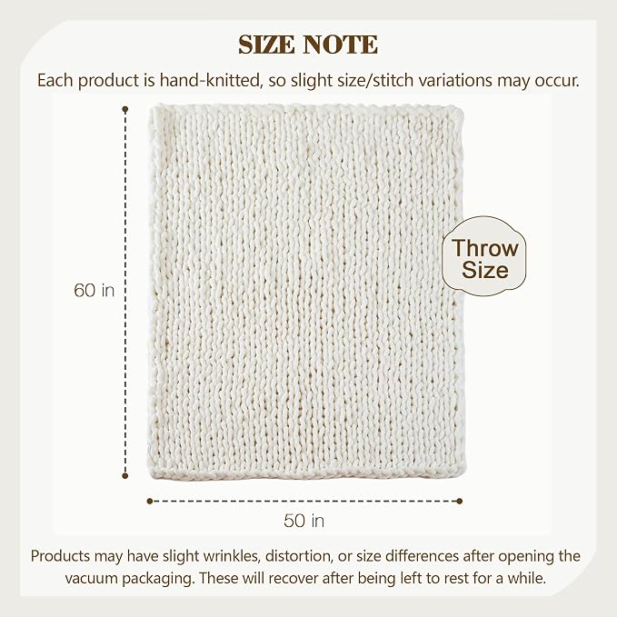 Carriediosa Chunky Knit Throw Blanket 50" X 60", 100% Hand Made Large Chenille Loop Yarn Soft Fluffy Throws for Couch Sofa Bed, Big Crochet Cozy Heavy Thick Cable Woven Blankets, Cream White
