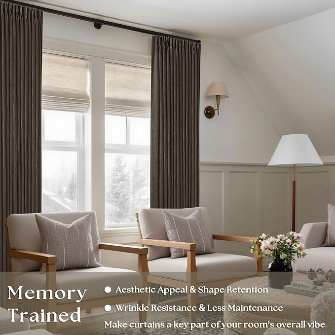 TWODRAPES Dark Chocolate Pinch Pleated Linen Curtains 2 Panels for Living Room Bedroom Memory Training Shaped Semi Sheer Pleat Drapes with Hooks Rings Light Filtering Window Curtain 40x84
