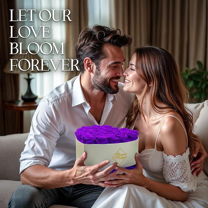 GLAMOUR BOUTIQUE Preserved Roses in a Box - Gifts for Her, Wife & Mom, Rose Flowers Forever Decor for Birthday Gift, Get Well Flower Bouquet Cased in White Box with Cover - Purple - 27 (Color-Treated)