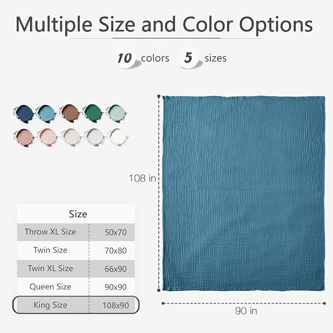 Carriediosa 100% Cotton Muslin Throw Blanket 108" X 90" King Size，4-Layers Summer Gauze Throws for Bed Couch，Soft Lightweight Breathable Linen Blankets Bedspread for Adults All Season，Dusty Blue