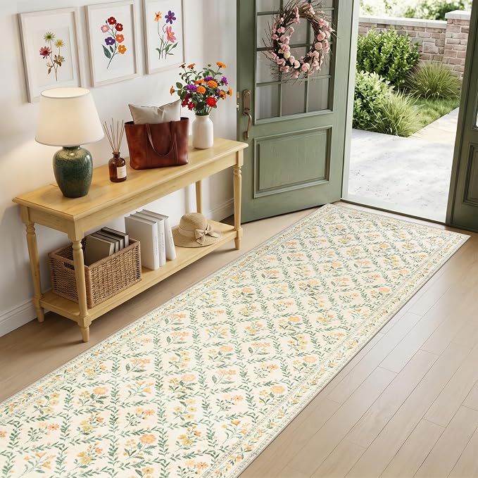 Runner Rug for Entryway: 3x10 Kitchen Rugs Non Slip Washable Ultra-Thin Soft Floral Carpet Indoor Floor Stain Resistant Carpets for Hallway Bedroom Kitchen Laundry Bathroom Dorm Beige/Multi