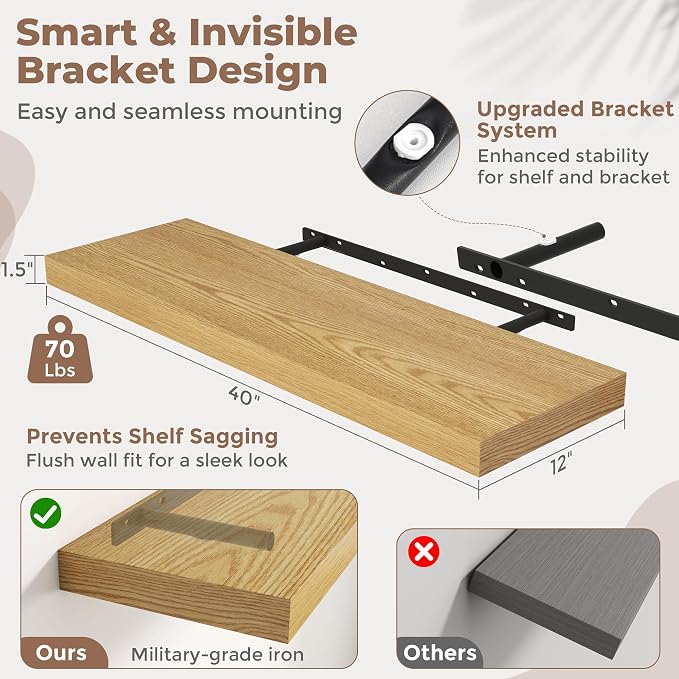 40 Inch Long Floating Shelves for Wall Set of 2, 12"D Wood Grain Bathroom Shelves with Invisible Brackets, Easy Install Engineered Wood Storage Shelves for Kitchen, Living Room, Bedroom, Oak Finish