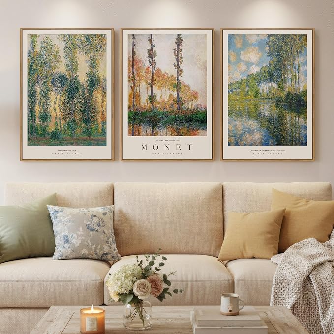 Large Framed Claude Monet Landscape Wall Art for Living Room, 3 Piece Impressionist Vintage Nature Prints Paintings, Green Tree Canvas Pictures Artwork Decor for Bedroom Entryway 16x24 Inch