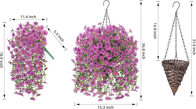 HyeFlora Artificial Hanging Flowers Basket for Outdoor, Fake Flowers Faux Plants Look Real for Yard Gardens Porch Patio Home (Purple)