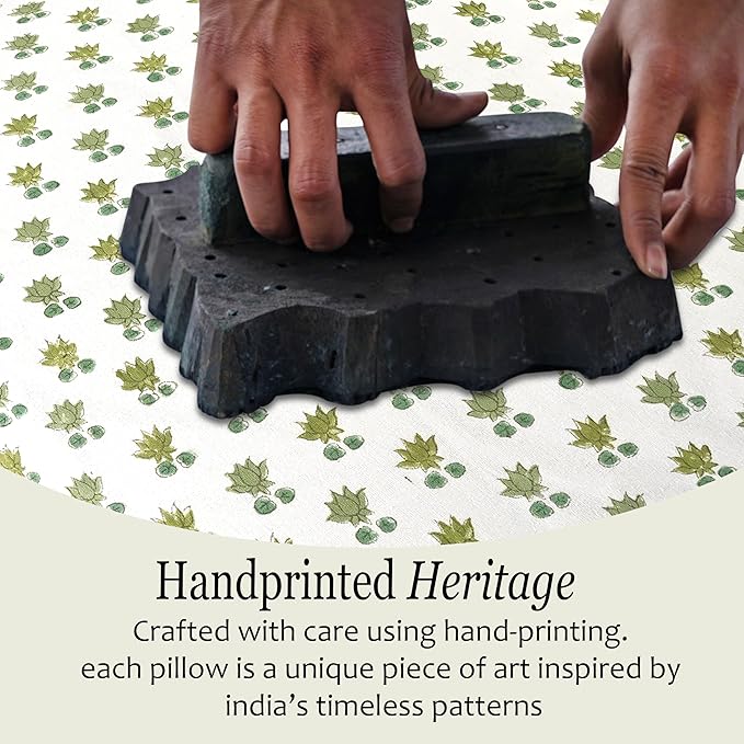 CPC Lotus Meadow Hand Block Print 100% Cotton Ruffle Throw Pillow Cover 20x20 inch with Hidden Zipper Decorative for Couch, Bed, Sofa, Farmhouse, Cottagecore Decor Gift Christmas Fall Thanksgiving