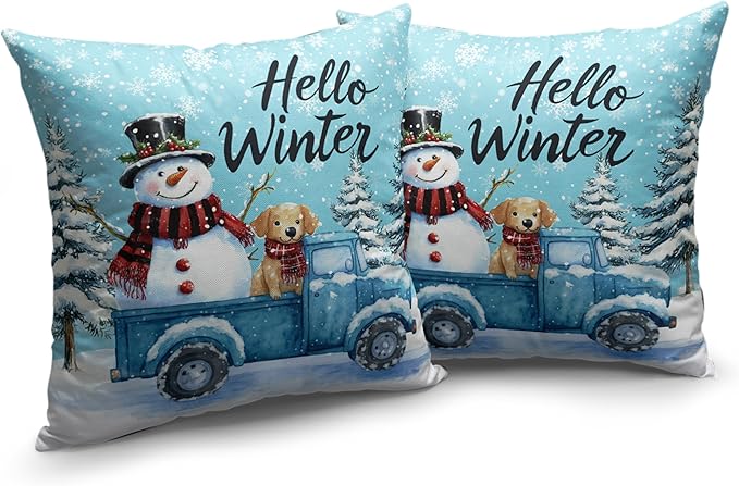 Hello Winter Pillow Covers Set of 2 Blue Truck with Lovely Snowman Puppy Dog Throw Pillow Case 24x24 Snowflakes Snowman Cushion Case for Holiday Decorations Couch Sofa