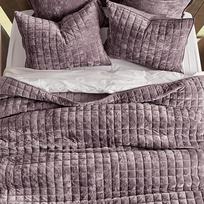 RECYCO Luxury Velvet Quilt Set King Size Bedding Sets, Ultra Soft Velvet Comforter Set, Lightweight Grid Box Stitch Oversized Bedspread Coverlet for All Season, with 2 Shams, Purple