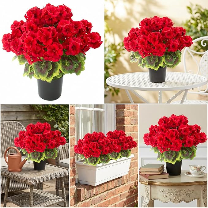 lovemoon 2 Pcs Geranium Potted Artificial Flowers, 19" Fake Geraniums Plants UV Resistant Silk Potted Plants for Outdoor Home Décor Office Porch Garden Decor (2, Red)