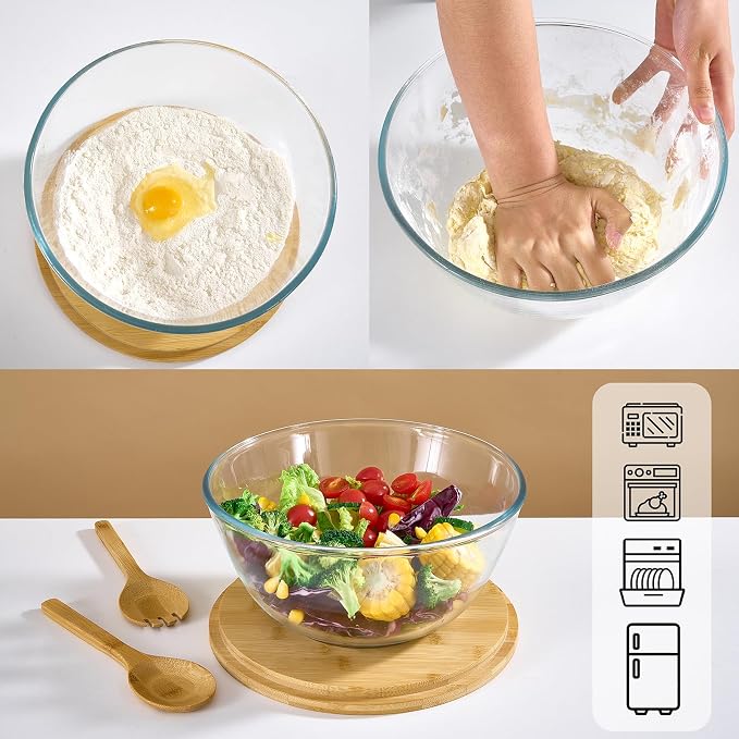JOYMAY Glass Salad Bowl, 10.7inch Salad Bowl with Lid Thick Glass Mixing Bowls Serving Bowls, 4.7 Quart Large Salad Bowls with Bamboo Utensils, Trifle Bowl Fruit Bowl for Salad, Pasta, Microwave Safe