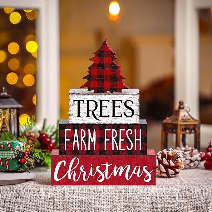 Marsui 4 Pcs Christmas Wooden Tabletop Decor Neutral Christmas Decor Rustic xmas Tree Block Sign Buffalo Plaid Table Centerpiece for Home Office Desk Tiered Tray Farmhouse Decorations