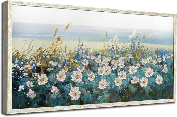 Arjun Flower Wall Art Canvas Framed Daisy Floral Textured Painting for Living Room, Extra Large Bedroom Picture Artwork Dining Room Office Home Wall Decor, 58"x29"