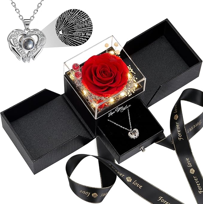 FIACO Gifts for Mom Preserved Real Roses with I Love You Necklace Fresh Forever Flowers Mothers Day Flower Gifts for Women Grandma Anniversary Birthday Gift for Girlfriend Wife Daughter