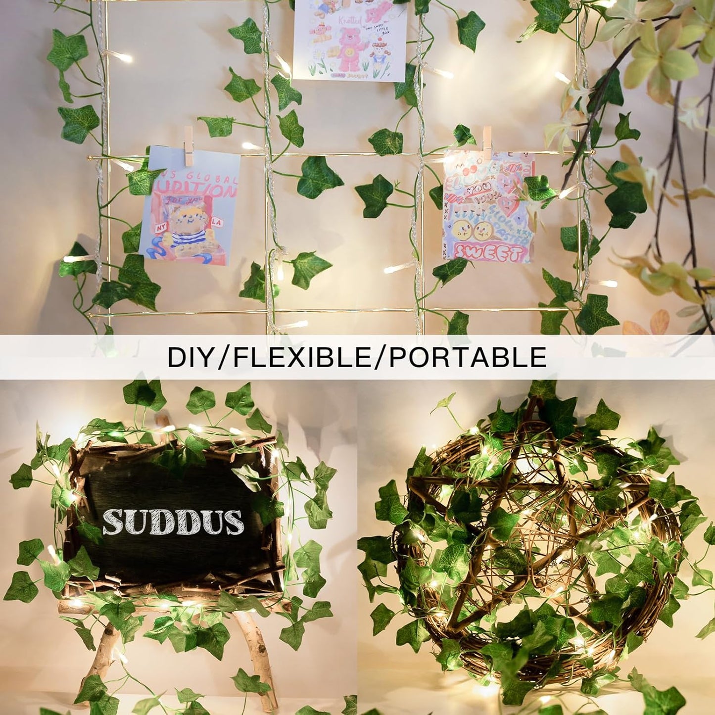 suddus Vine with Fairy Lights Plug in, 33ft 100 LED Ivy String Lights Connectable with Remote, Leaf Light for Bedroom, Room, Wall, Garden, Party, Wedding Decor (Warm White)