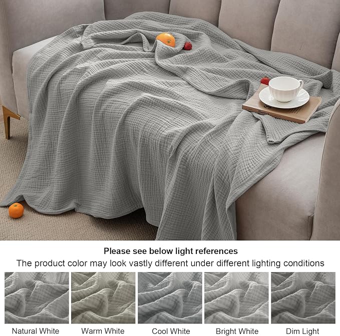 PHF 100% Cotton Muslin Blanket King Size 108"x90", 4-Layer Lightweight Gauze Throw, Breathable Cloud-Soft Minimalist Blanket for Bed, Couch, Camping & Baby, Light Grey, Ideal Gift