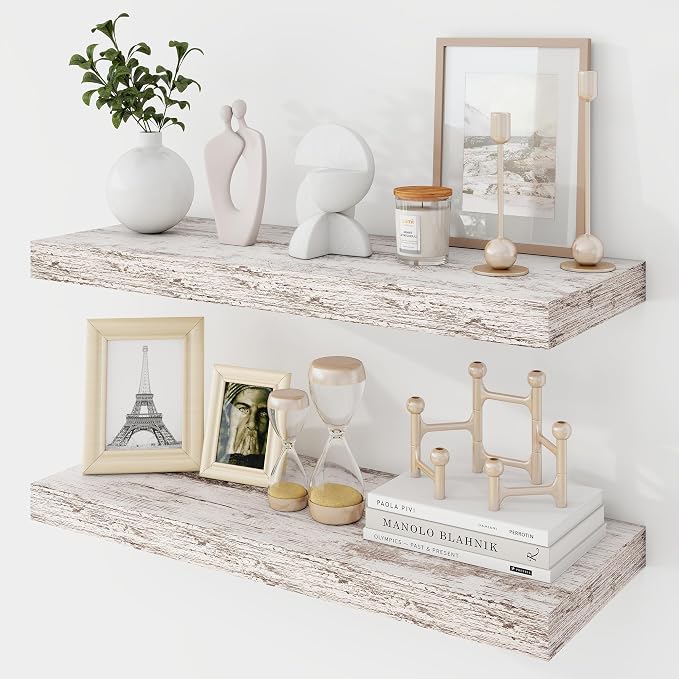 Acovy 24 Inch Floating Shelves, 9.3" Deep Floating Shelf Wall Mounted, 24" Wall Shelves, Rustic Deep Bookshelf, Large Display Shelves & Storage Shelves for Bedroom, Living Room, Rustic, Set of 2