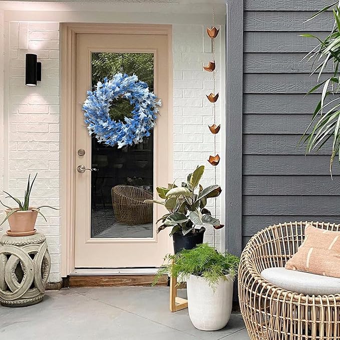 Bibelot 22inch Artificial Forsythia Flower Wreath Spring Summer Fall Wreath Silk Leaves for Front Door Porch Farmhouse Patio Garden Home Decor (Blue)