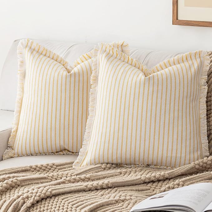 YEENAASY Throw Pillow Covers 20x20 Set of 2 Striped Fringe Pillow Cover Farmhouse Cushion Covers with Tassel Neutral Boho Pillows Decorative Square Pillowcase for Couch Sofa Bed, Yellow