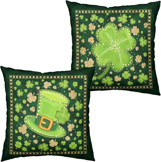 Saint Patricks Day Outdoor Pillow Covers Green Plaid Shamrock Pillow Cases 22x22 Set of 2 Lucky Charm Clover Hat Cushion Cases for Home Sofa Couch St Patricks Day Decor