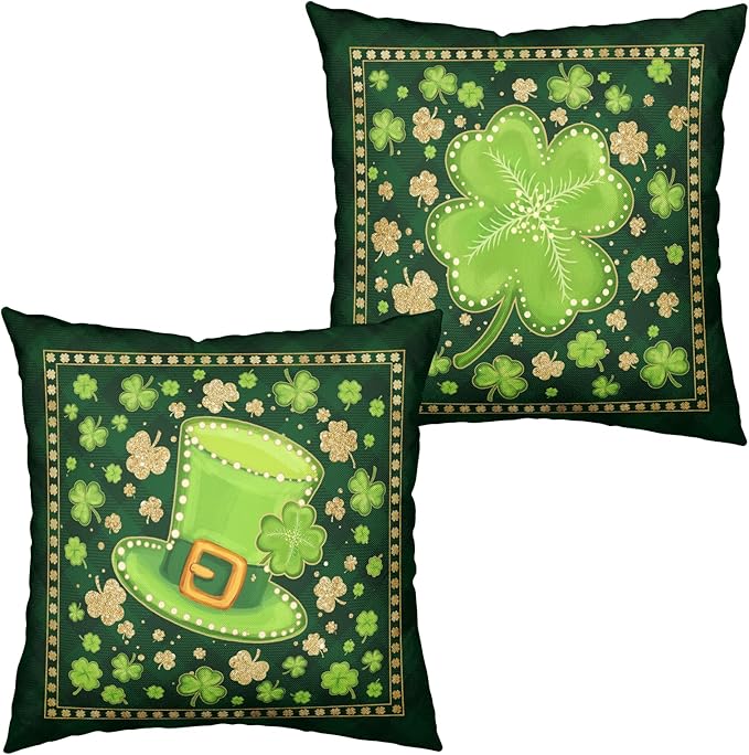 Pack of 2 St Patrick's Day Pillow Covers Gold Green Lucky Shamrock Throw Pillow Covers 16x16 Green Plaid Clover Hat Pillow Cases for Home Sofa Couch St Patrick Decor