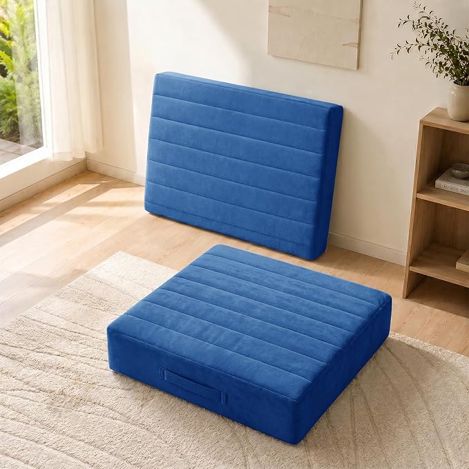 JKMAX 2 Pcs High Density Foam Floor Pillow - Upgraded Large Pillows Seating for Adults - Outdoor Floor Cushion with Soft Tufted Cover - Yoga Pillows for Sitting On Floor - 22 Inch Navy Blue