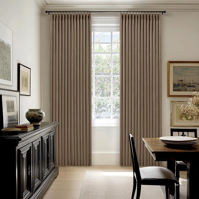 Latte 96 Inch Pinch Pleated Blackout Linen Curtains for Bedroom Living Room 2 Panels Set Memory Trained 100% Black Out Soundproof Room Darkening Window Curtains Double Layer Pinch Pleat Drapes