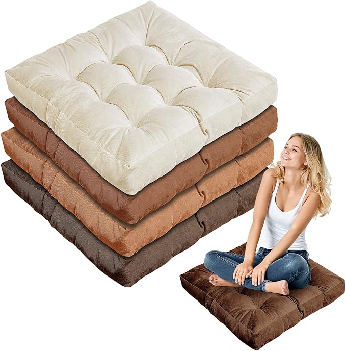Jerify 4 Pcs Floor Pillow Cushions Large Round Square Large Meditation Floor Pillow for Classroom Adult Meditation Picnic Party Seating Learning Daycare School (Square,Brown)