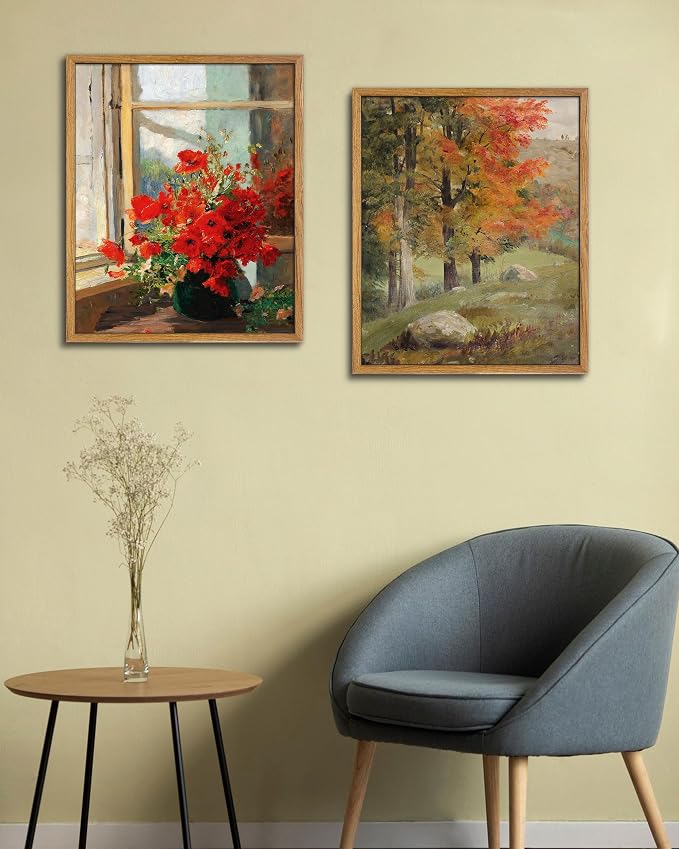 UPWOIGH Autumn Landscape Framed Wall Art, 16 x 24 Inch | Vintage Autumn Tree Landscape Print, Warm Fall Tones, Oil Painting Style, Warm Wood Frame for Bedroom and Office