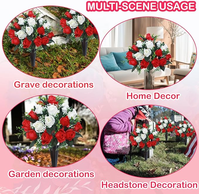 Lodou Set of 2 Artificial Cemetery Flowers, Memorial Flowers Bouquet,Grave Memorial Flowers with Vase for Cemetery Headstones Decoration (Red White)