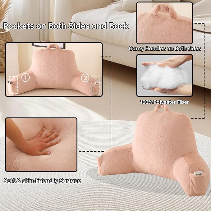 Large Plush Backrest Pillow for Sitting in Bed,Faux Fur,Pink | 19" Back Pillow with Arms Supports Adults,College Students,Elbows & Forearms for Dorm Reading,Gaming,Watching TV