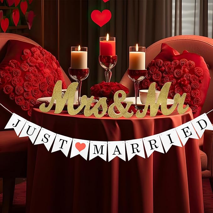 Mr & Mrs Sign for Wedding Table, Just Married Banner, Wedding Decoration Items, Head Table Wood Letter, Anniversary Party Valentine's Day Vintage Decor (Golden W/Banner)