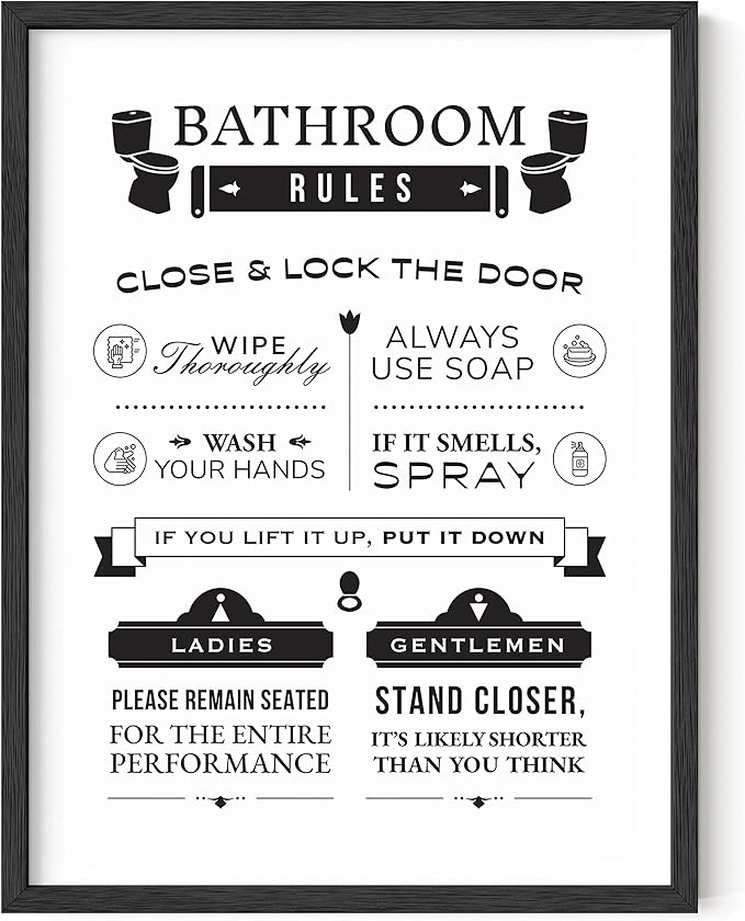 HAUS AND HUES Funny Bathroom Signs & Decor | Toilet Rules Wall Art, Black Framed Funny Guest Bathroom Poster | 12"x16"