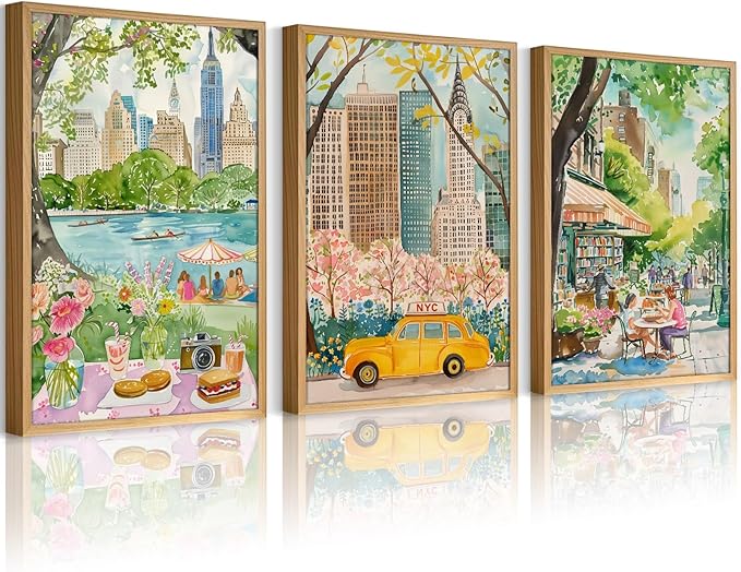 SYYANKK Watercolor New York City Wall Art NYC Canvas Poster Travel Wall Decor NYC Painting Central Park Picture New York Landmarks Artwork for Bedroom Living Room 12x16 Inch Unframed Set of 3