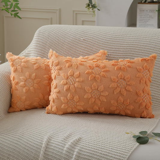 DFXSZ Spring Summer Pillow Covers 12x20 inch Set of 2 Farmhouse Decor White Flower Heart Sunflower Orange Soft Plush Faux Fur Jacquard Throw Pillows for Sofa Holiday Spring Home Decor PTK024H12