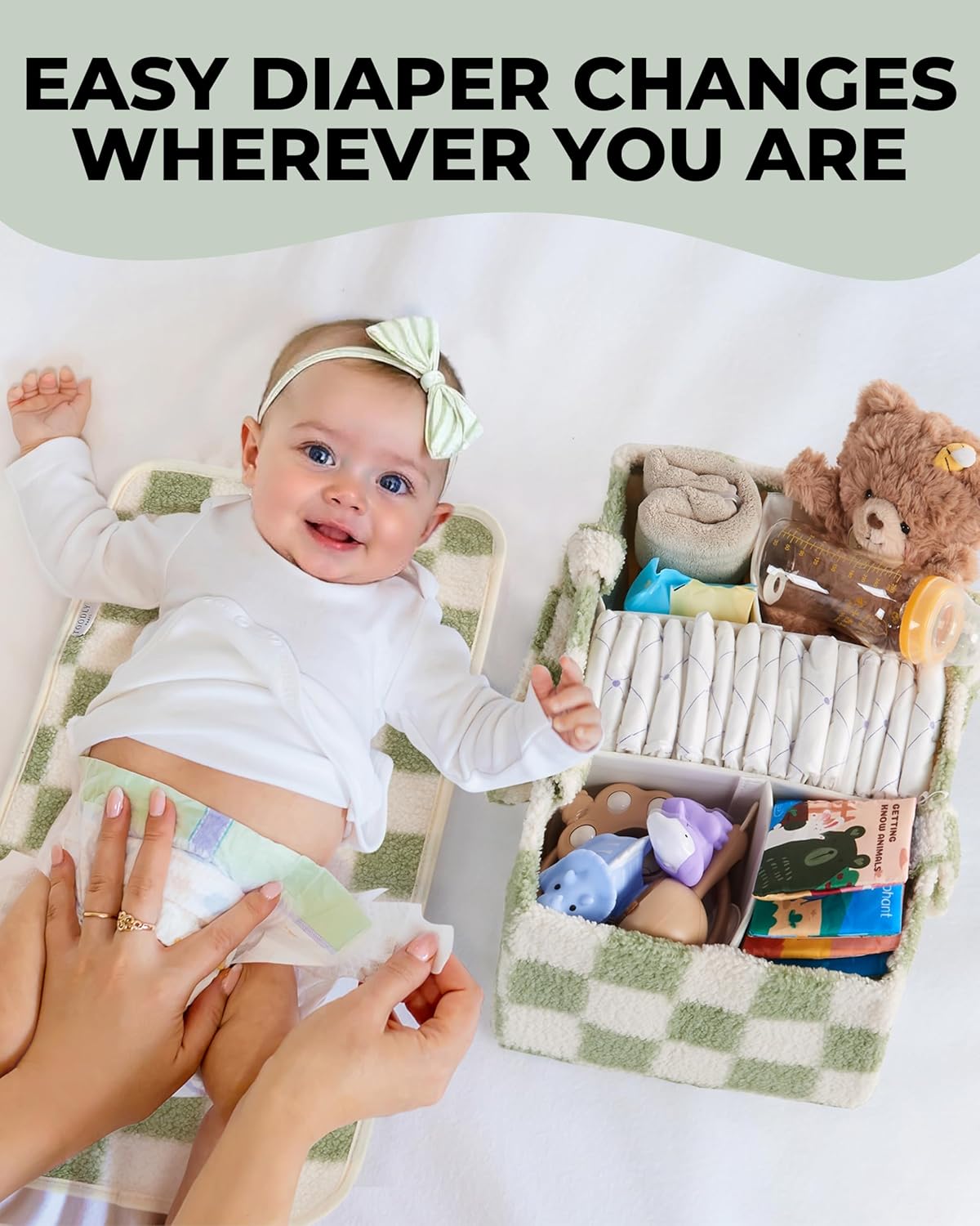 Checkered Diaper Caddy Organizer with Portable Changing Mat - Teddy Fleece Diaper Organizer for Changing Table - Caddy Organizer with Removable Dividers - Green and White