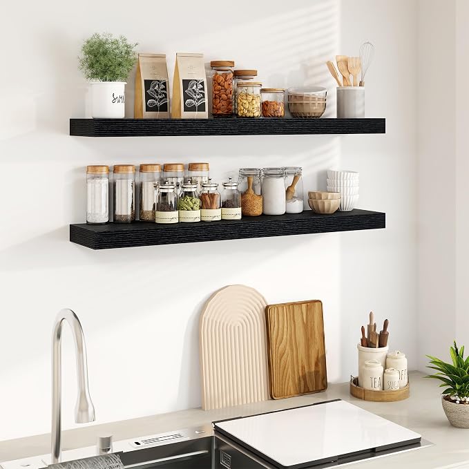 Fun Memories Floating Shelves for Wall, 40Inch Floating Shelves Set of 2, Hanging Shelf with Invisible Brackets, Wood Shelves for Living Room, Bedroom, Kitchen, Black