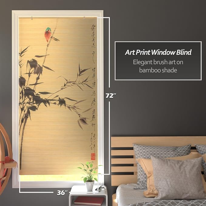 Red Lantern Bamboo Window Shade Blind - Nesting Birds 36" Wide