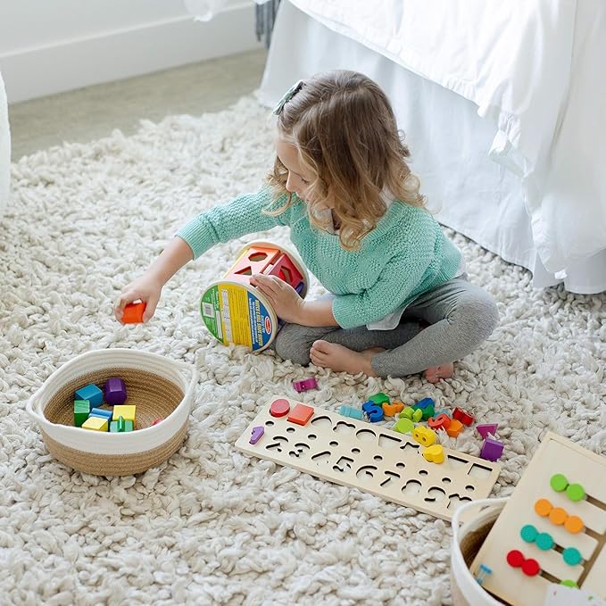 NaturalCozy 5-Piece Round Small Woven Baskets Set– Cotton Rope Baskets for Organizing! Montessori Toys, Fruits Remotes Key Tray Bowl for Entryway Desk, Shallow Catchall Home Décor, Cat Dog Bin Gift