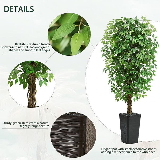7FT Artificial Ficus Tree, 84 Inch Realistic Faux Silk Ficus Floor Plant with Black Planter & Pebbles, Tall Fake Potted Tree for Indoor Home Office Living Room Corner Decor