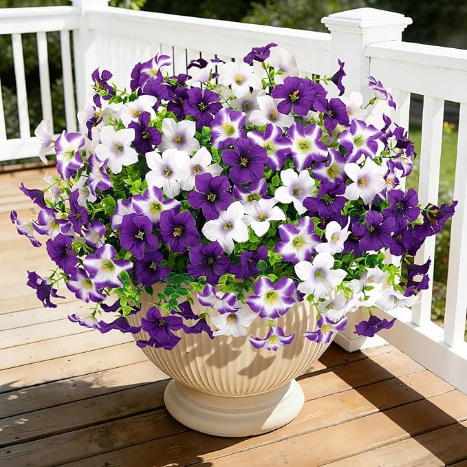 20 Bundles Artificial Petunias Flowers for Outdoors, Faux Silk Flowers UV Resistant Realistic Fake Plants for Outside Planters Porch Patio Yard Garden Spring Summer Home Decor, Purple White