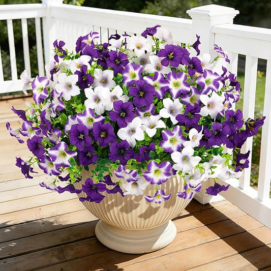 20 Bundles Artificial Petunias Flowers for Outdoors, Faux Silk Flowers UV Resistant Realistic Fake Plants for Outside Planters Porch Patio Yard Garden Spring Summer Home Decor, Purple White